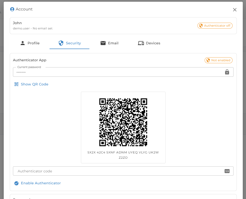 Authenticator app setup