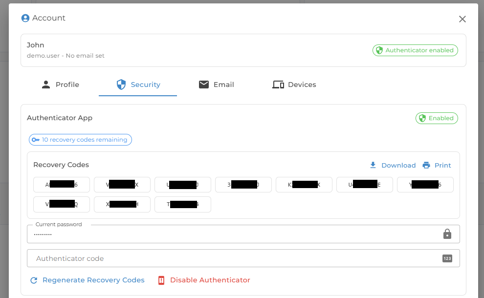 Authenticator recovery codes