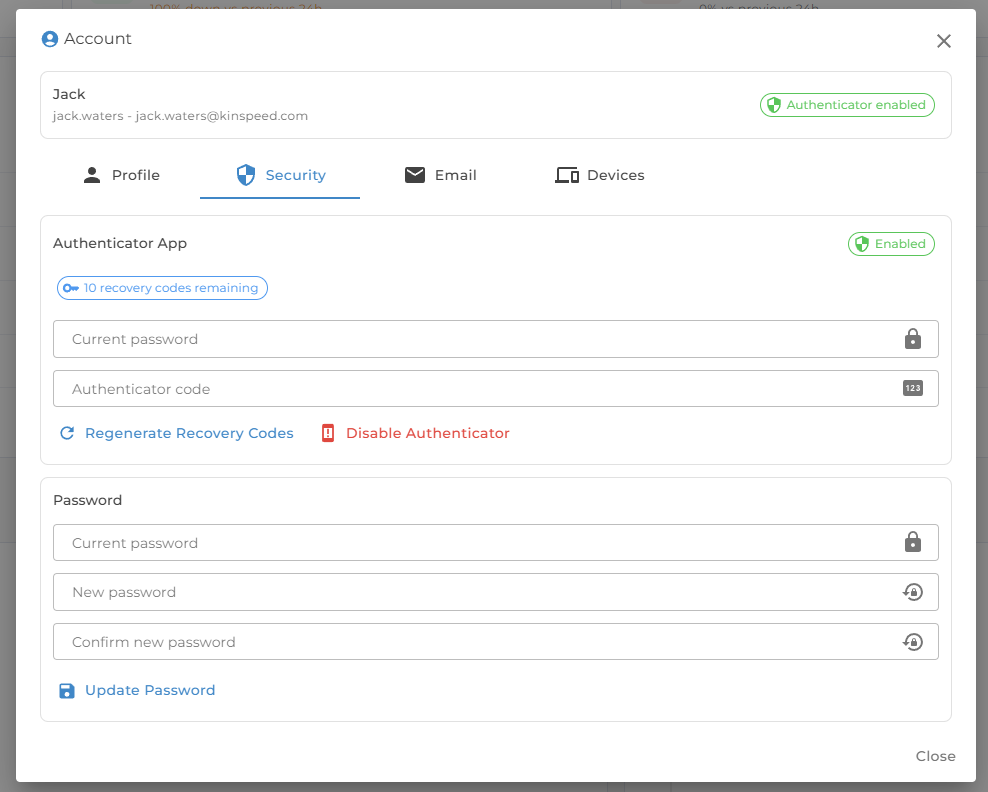 Account security tab
