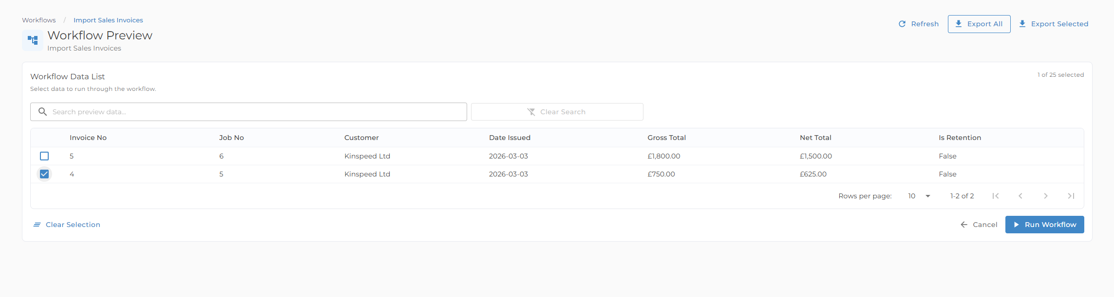 Workflow preview table